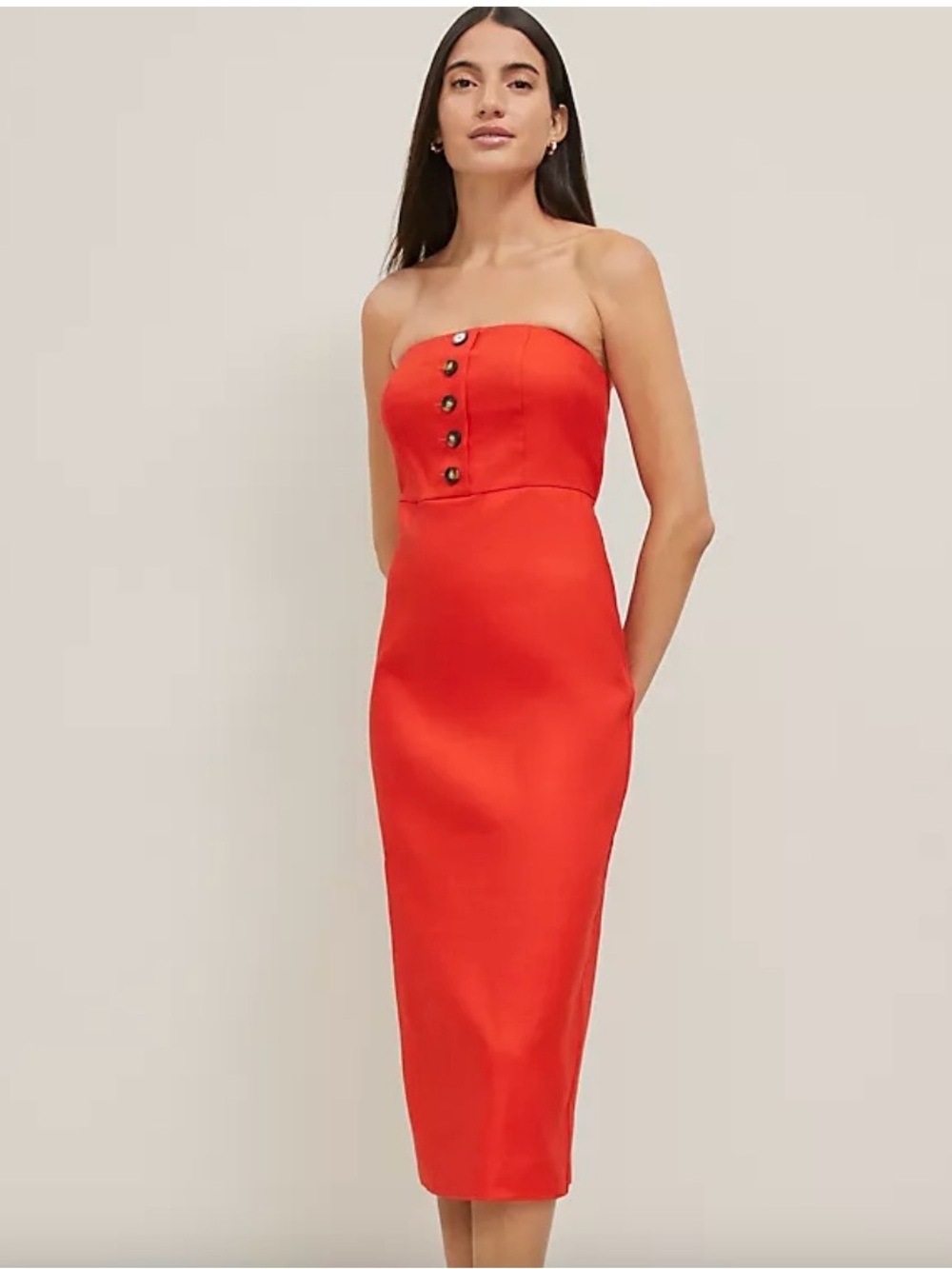 Ann Taylor Strapless Orange-Red Midi Dress with Front Buttons